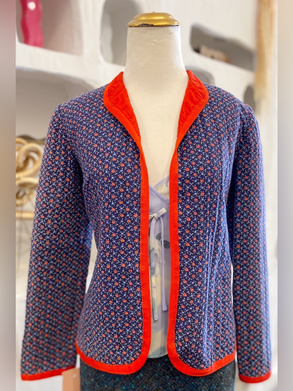 Vintage Handmade Navy & Red Floral Lightweight Quilted Open Jacket